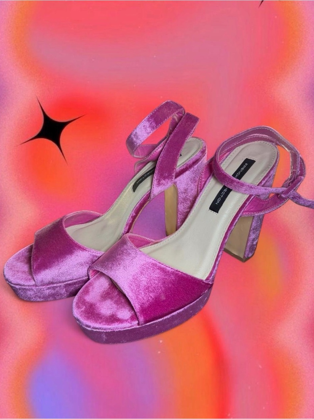 French Connection Pink Velvet Platform Block Heel Sandals